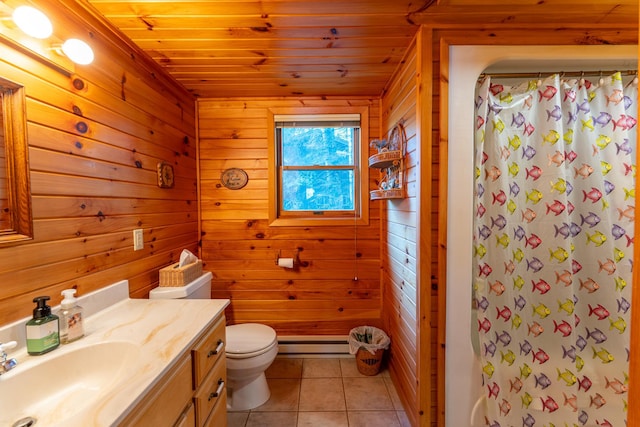 bathroom featuring a baseboard radiator, tile patterned flooring, toilet, wooden ceiling, and a shower with shower curtain