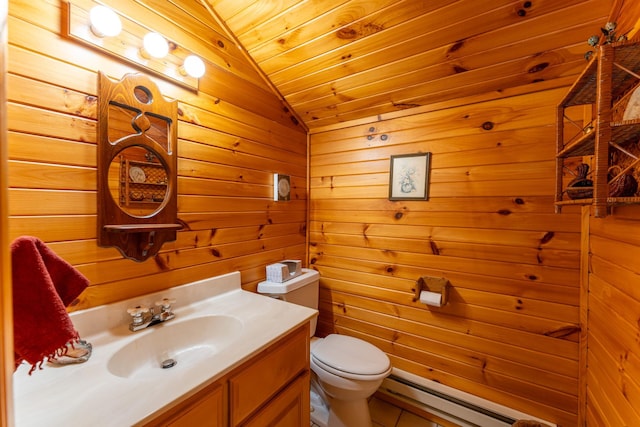 bathroom with lofted ceiling, toilet, wood ceiling, baseboard heating, and vanity