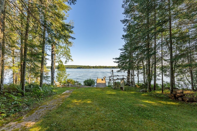 dock area featuring a lawn and a water view