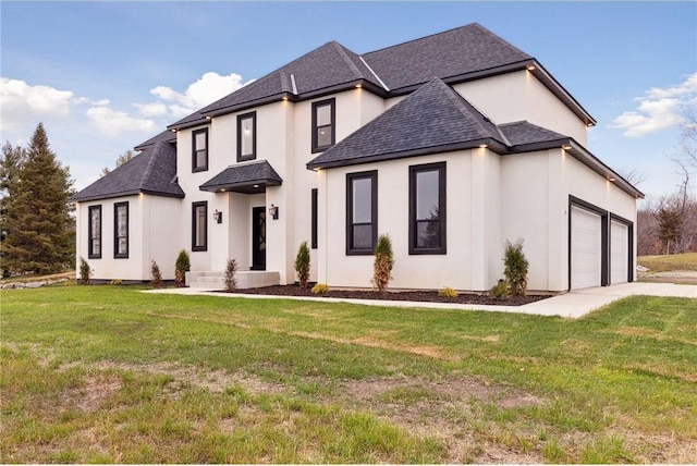 french country inspired facade with a garage and a front lawn