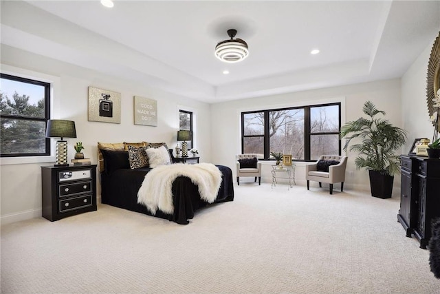 bedroom featuring light carpet and a raised ceiling