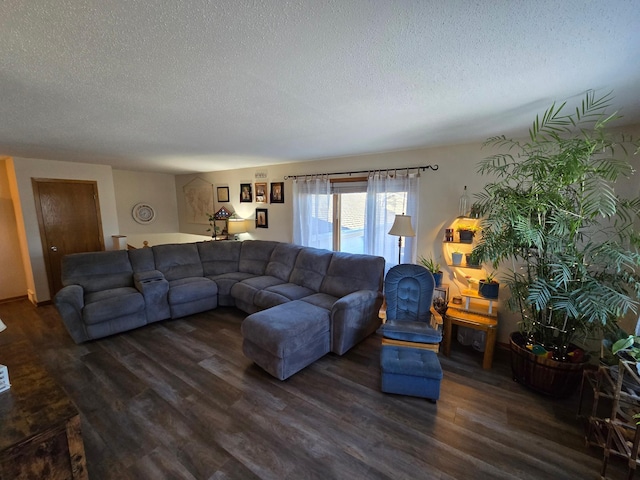 living room featuring dark hardwood / wood-style flooring and a textured ceiling