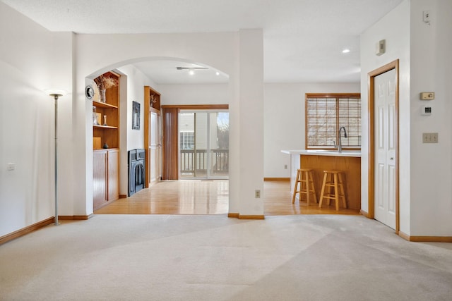 interior space with sink, light carpet, and built in features