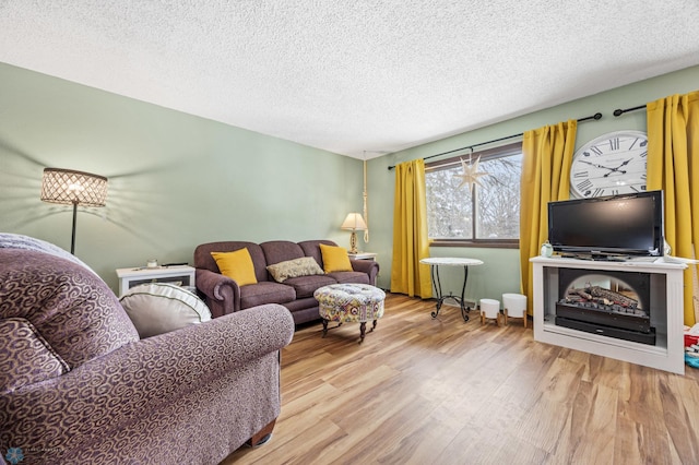 living room featuring hardwood / wood-style flooring and a textured ceiling