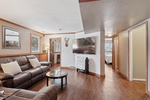 living room featuring crown molding, dark wood-type flooring, and a textured ceiling