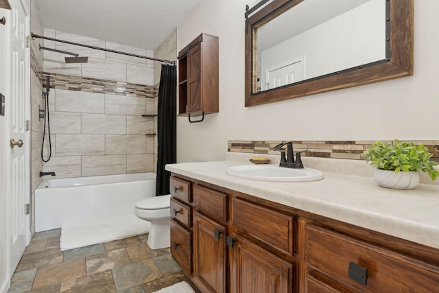 full bathroom with toilet, a textured ceiling, vanity, shower / bath combo with shower curtain, and decorative backsplash