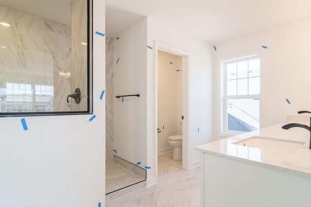 bathroom featuring vanity, a shower, and toilet