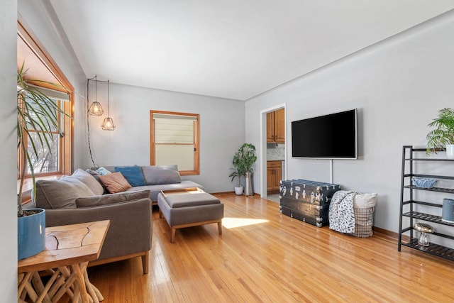 living room with light wood-type flooring and baseboards