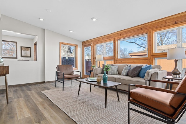 living room with hardwood / wood-style flooring and lofted ceiling