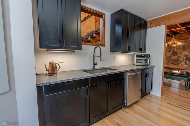 kitchen with sink, light hardwood / wood-style flooring, and stainless steel dishwasher