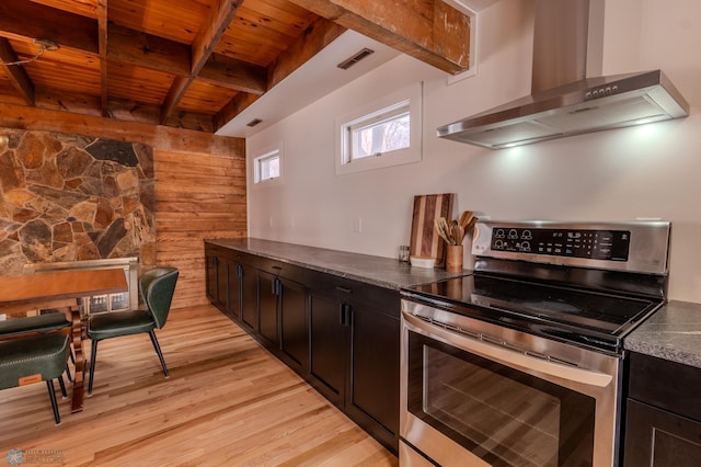 kitchen featuring stainless steel electric range, beamed ceiling, wooden ceiling, and wall chimney exhaust hood