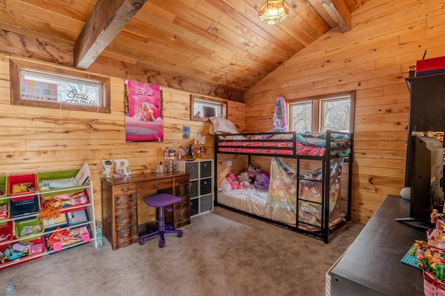 bedroom featuring multiple windows, wooden walls, vaulted ceiling with beams, and wood ceiling