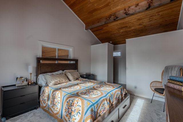 bedroom with vaulted ceiling with beams, wood ceiling, and light colored carpet