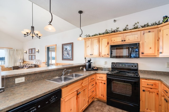 kitchen with sink, decorative light fixtures, a chandelier, vaulted ceiling, and black appliances