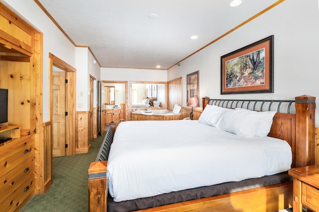 carpeted bedroom with ornamental molding and wooden walls