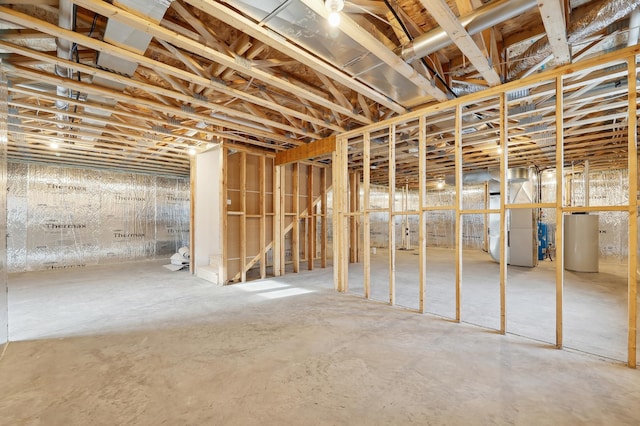 basement with heating unit and water heater