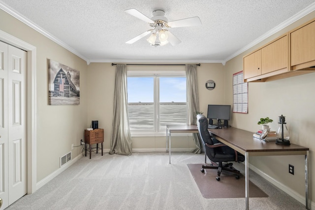 office space featuring crown molding, visible vents, and light carpet