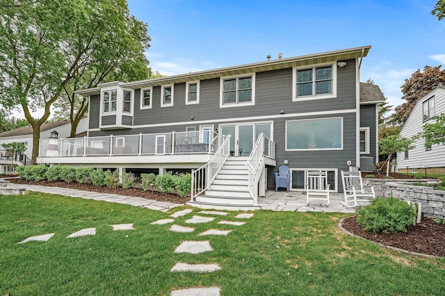 255 Shore Dr, Forest Lake, MN 55025 - rear view of property featuring a patio area, a lawn, a wooden deck, and stairs