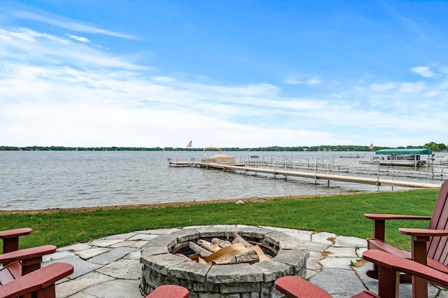 255 Shore Dr, Forest Lake, MN 55025 - view of patio with an outdoor fire pit, a boat dock, and a water view
