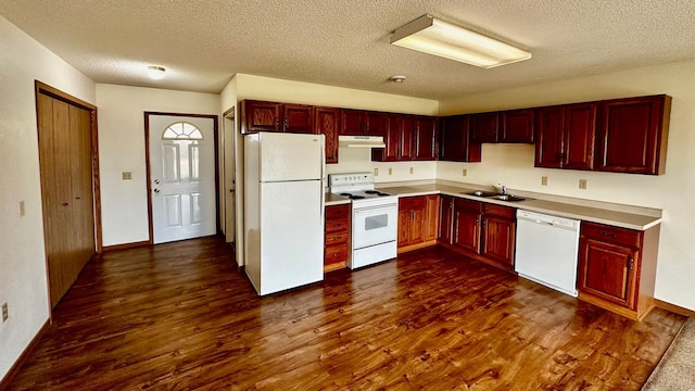 kitchen with dark hardwood / wood-style flooring, sink, white appliances, and a textured ceiling