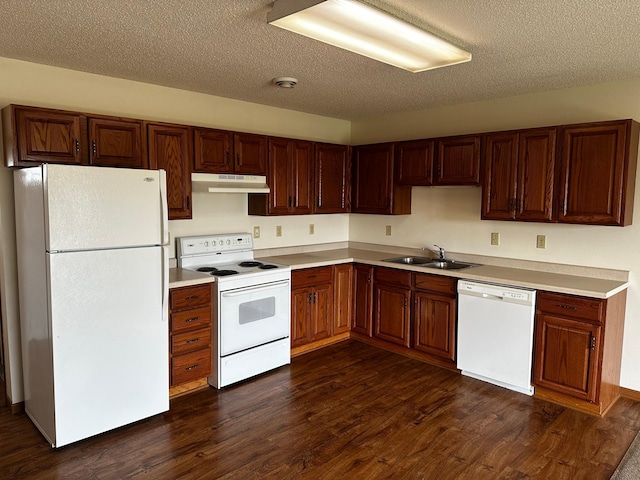 kitchen with dark wood-type flooring, white appliances, sink, and a textured ceiling