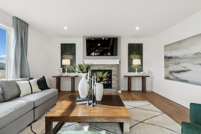 living room featuring wood-type flooring and a stone fireplace