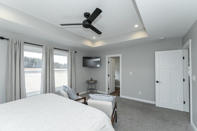 bedroom with a raised ceiling, carpet, and ceiling fan