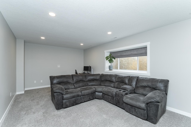 living room featuring a textured ceiling and carpet