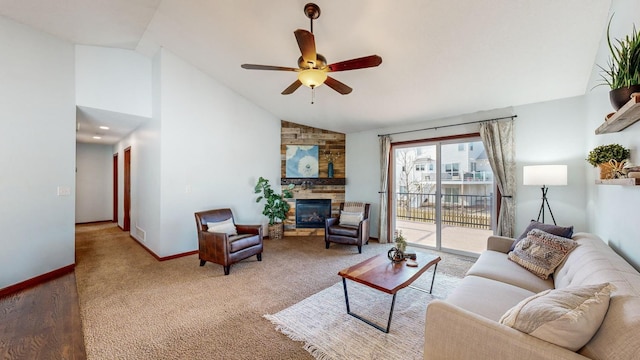 living room featuring ceiling fan, high vaulted ceiling, a fireplace, light colored carpet, and beverage cooler