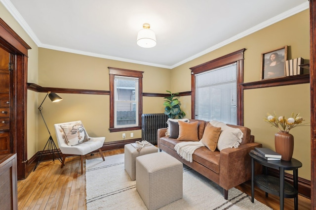 living room with crown molding, radiator, and light wood-type flooring