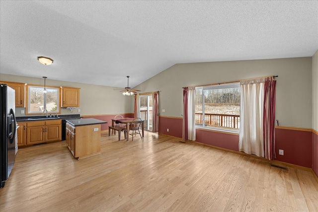 kitchen featuring pendant lighting, lofted ceiling, sink, a center island, and light wood-type flooring