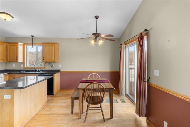 kitchen featuring a kitchen island, black dishwasher, sink, hanging light fixtures, and light hardwood / wood-style floors