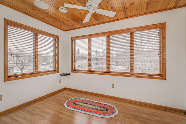empty room with wood finished floors, baseboards, a ceiling fan, and wooden ceiling