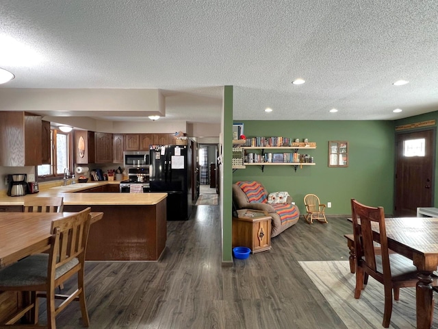 kitchen with dark wood-style floors, a peninsula, a sink, light countertops, and appliances with stainless steel finishes