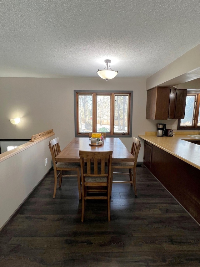 dining space with a textured ceiling and dark wood-style floors