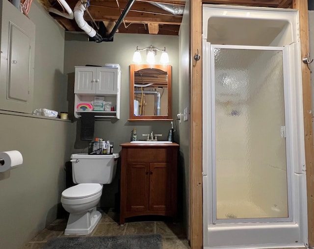 full bath featuring electric panel, toilet, a stall shower, and vanity