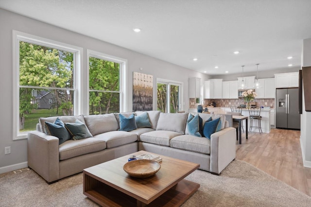 living room featuring plenty of natural light and light hardwood / wood-style flooring