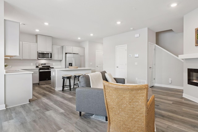 living room featuring sink and light wood-type flooring