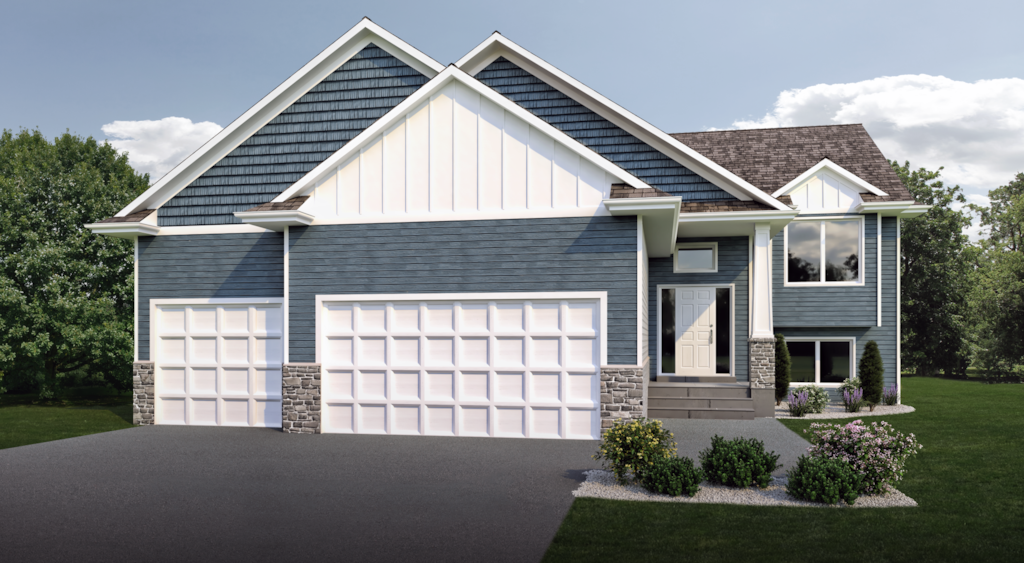 view of front of house with an attached garage, stone siding, driveway, and board and batten siding