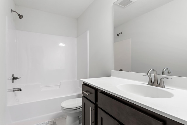 full bathroom featuring vanity, shower / washtub combination, and toilet