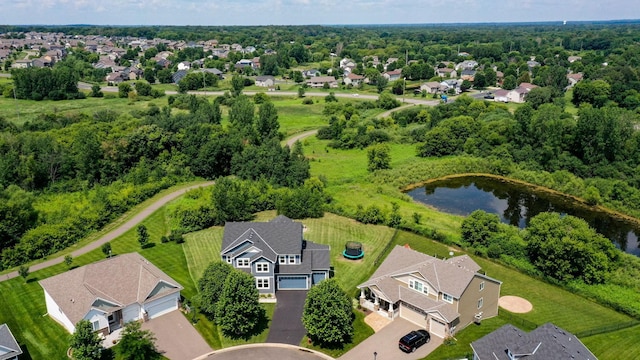 bird's eye view with a water view