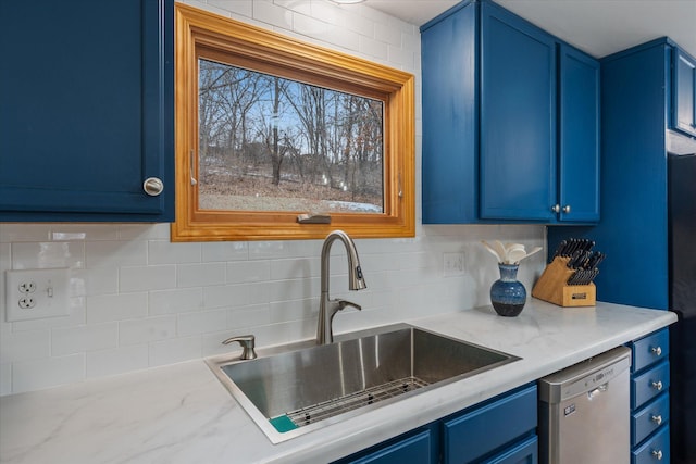 kitchen featuring tasteful backsplash, sink, dishwasher, and blue cabinets