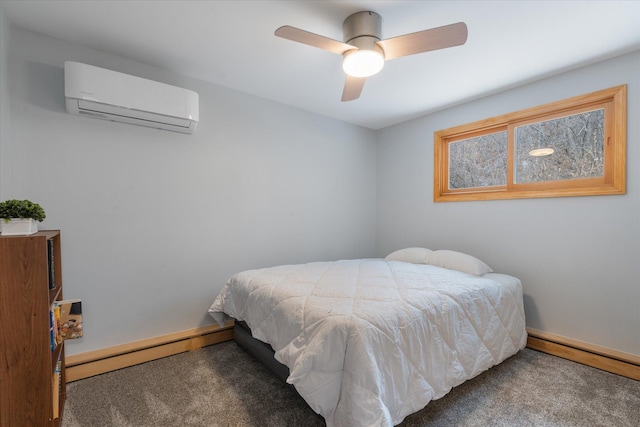 bedroom with ceiling fan, an AC wall unit, carpet flooring, and a baseboard heating unit