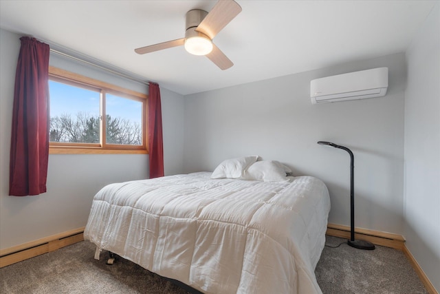 carpeted bedroom with baseboard heating, ceiling fan, and a wall unit AC