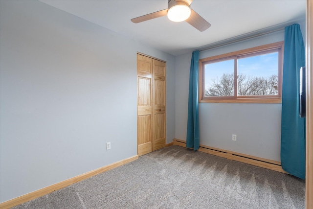 unfurnished bedroom with carpet floors and ceiling fan