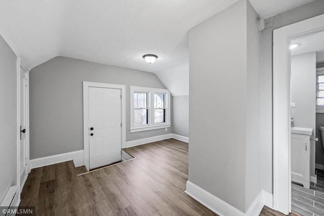 additional living space with hardwood / wood-style floors, vaulted ceiling, a textured ceiling, and baseboard heating