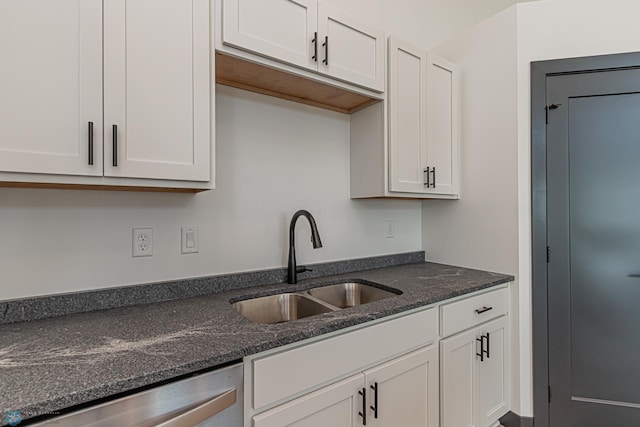 kitchen with white cabinetry, sink, dark stone countertops, and dishwasher