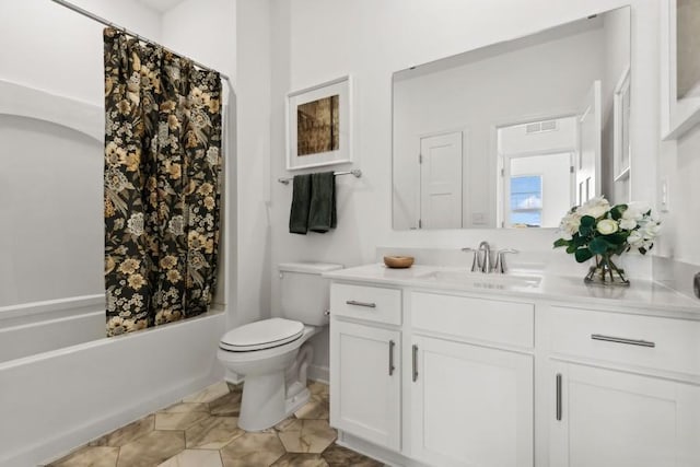 full bathroom with shower / bathtub combination with curtain, vanity, and toilet