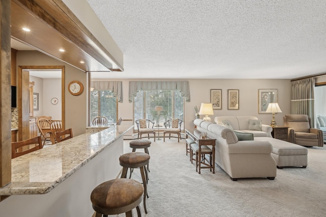 carpeted living room with a textured ceiling