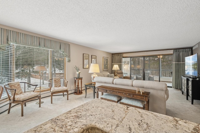 living room with light carpet and a textured ceiling